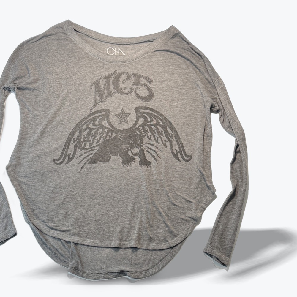 Chaser Long Sleeve Top MC5 Black Panther Graphic Heather Grey Small High Low Hem